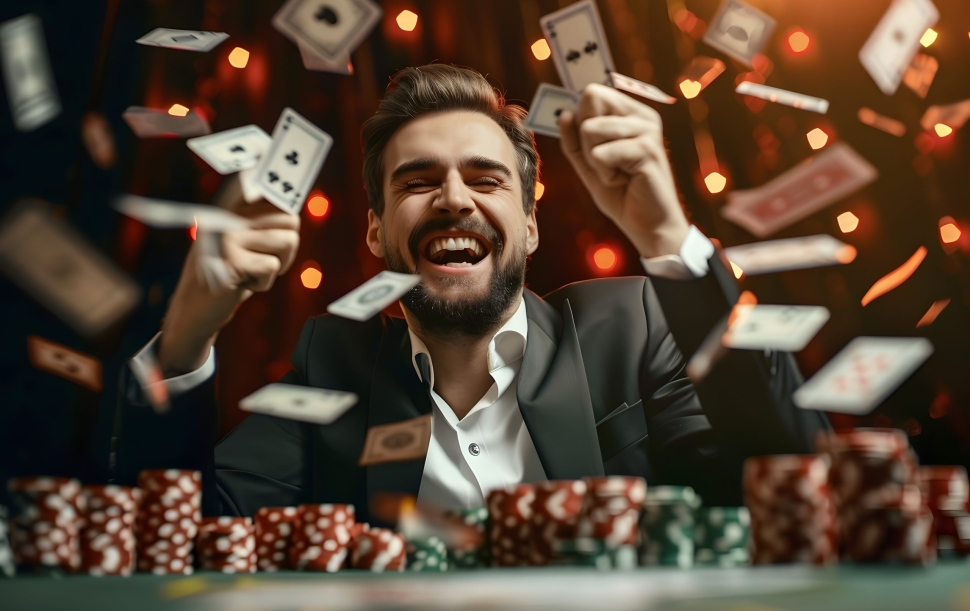 Jubilant young man at poker table with chips and flying cards, feeling victorious